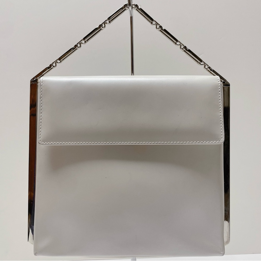 Salvatore Ferragamo Pearl White Leather Silver Minimal Top Handle Bag Italy